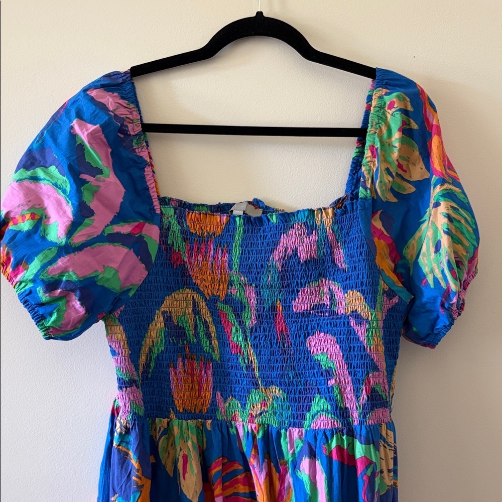 Blue Tropical Print Smocked Maxi Dress SZ PXL - Picture 5 of 7